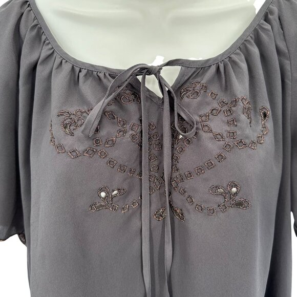 Mossimo Womens Brown Embroidered Scalloped Edges Short Sleeve Peasant Blouse XL - Picture 3 of 8